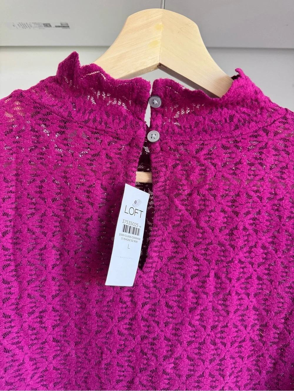 LOFT Magenta Lace Long-Sleeve Mock Neck Blouse